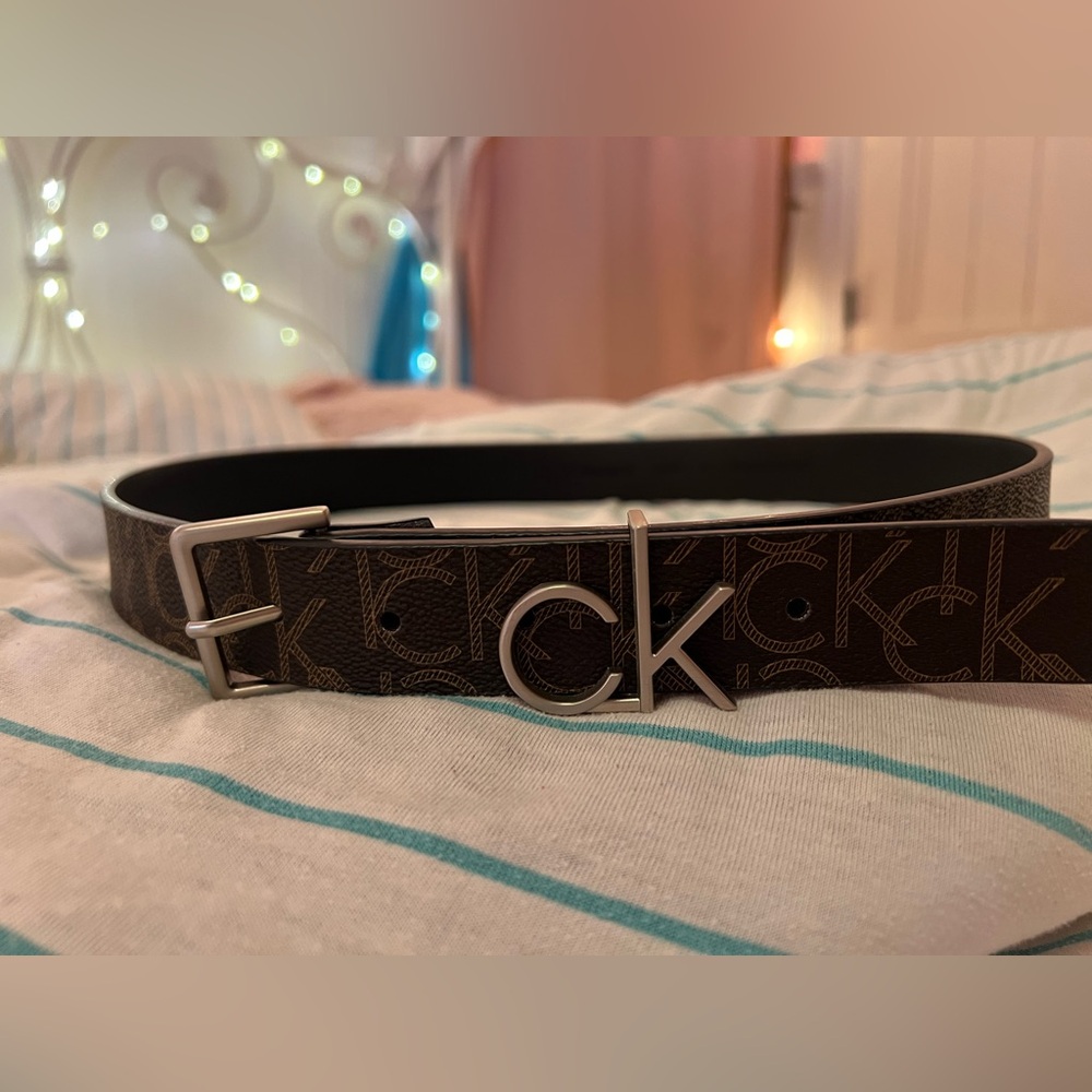authentic Calvin Klein CK Brown leather belt with silver CK hardware